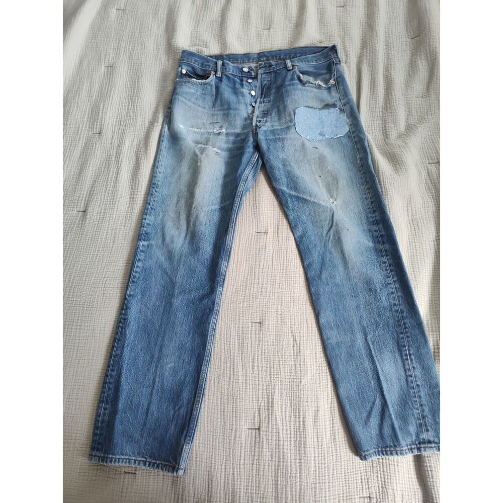 Vintage Levi's 501 Jeans 38x36 Mens Button Fly Blue Denim Distressed Patched